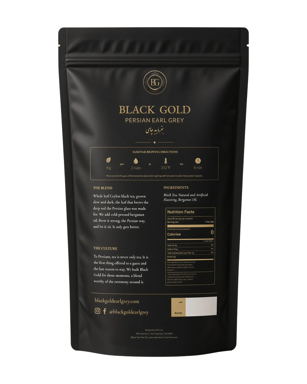 Back of the Black Gold Persian Earl Grey 12 oz bag