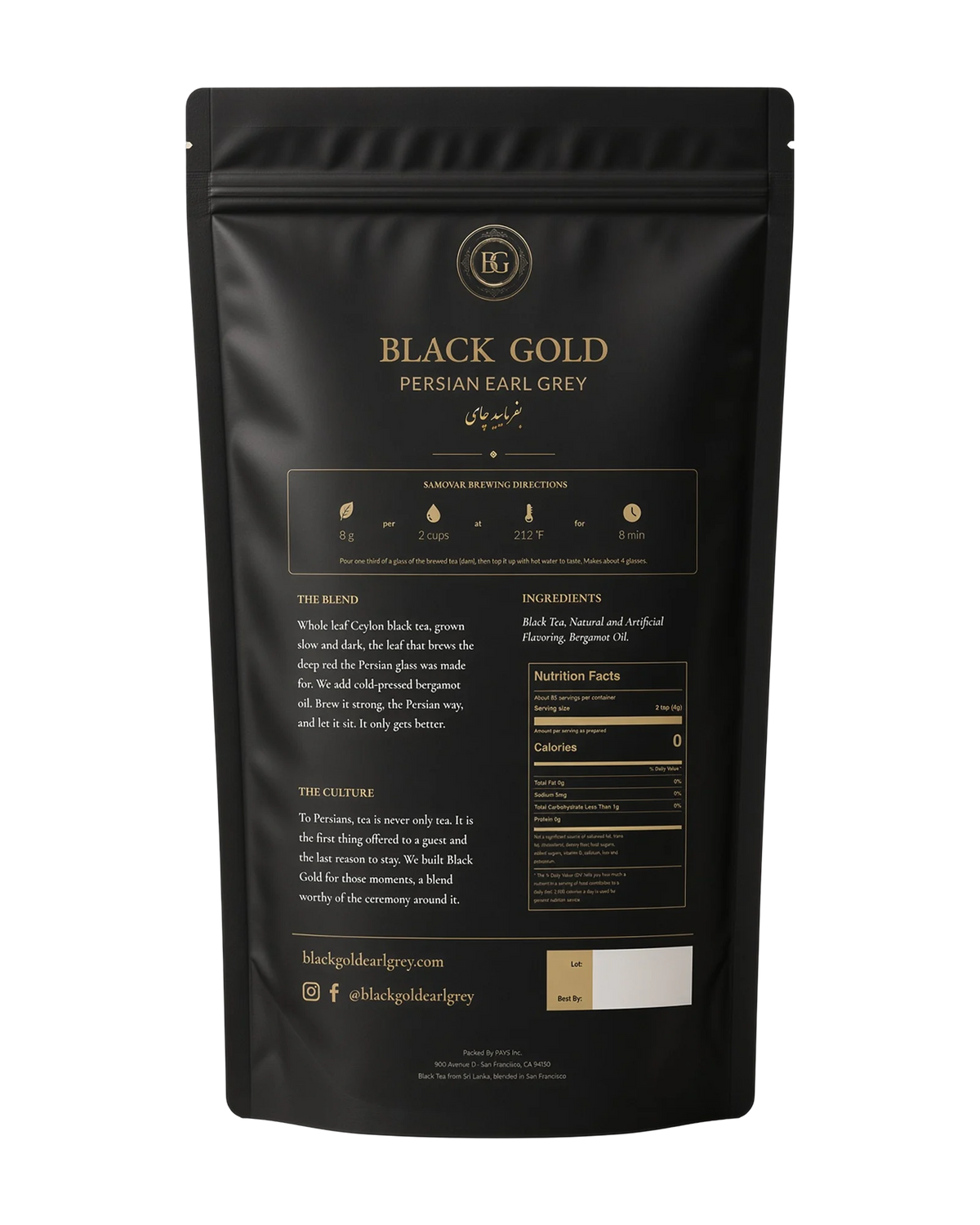 Back of the Black Gold Persian Earl Grey 12 oz bag
