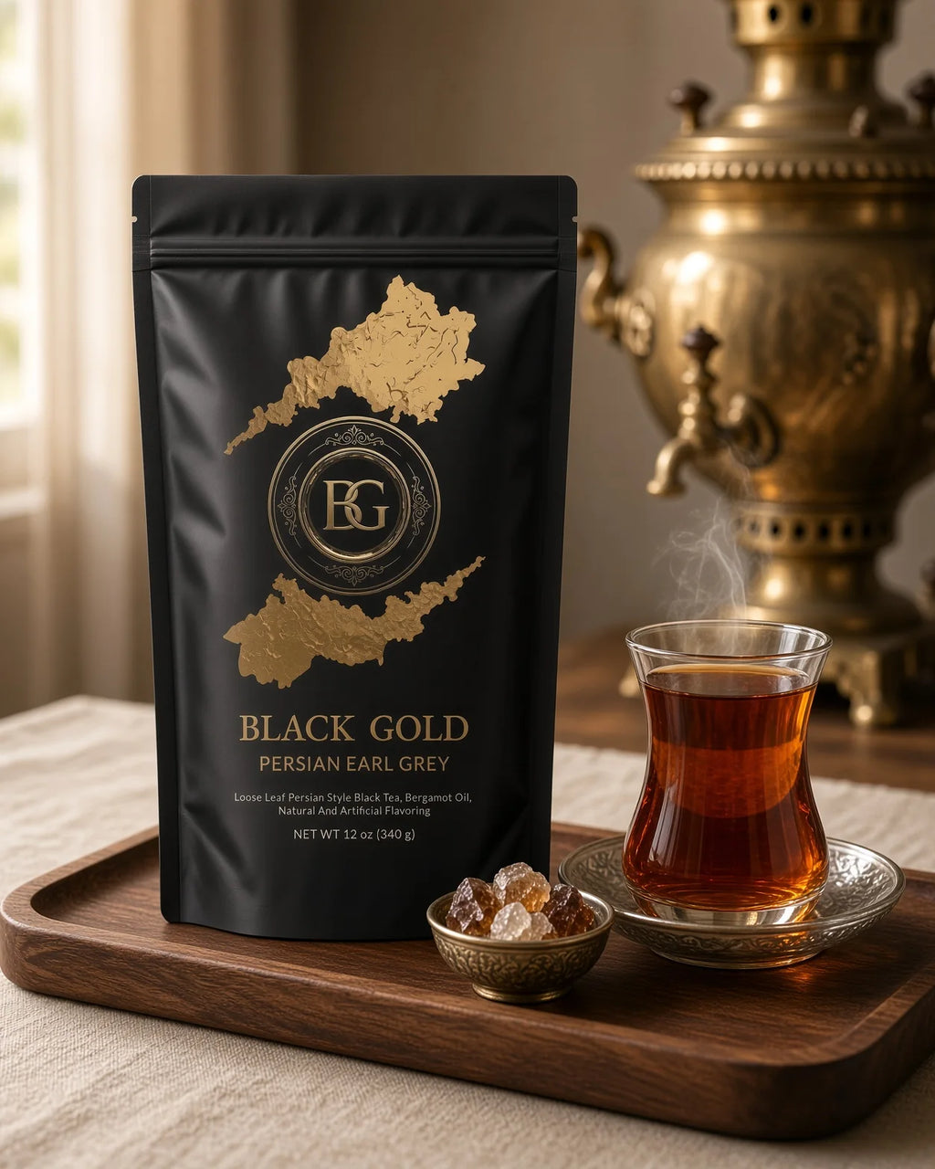 Black Gold Persian Earl Grey 12 oz bag with a samovar and Persian tea glass