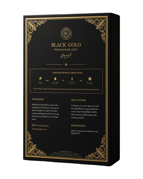 Back of the Black Gold Persian Earl Grey 4 oz box with samovar brewing directions