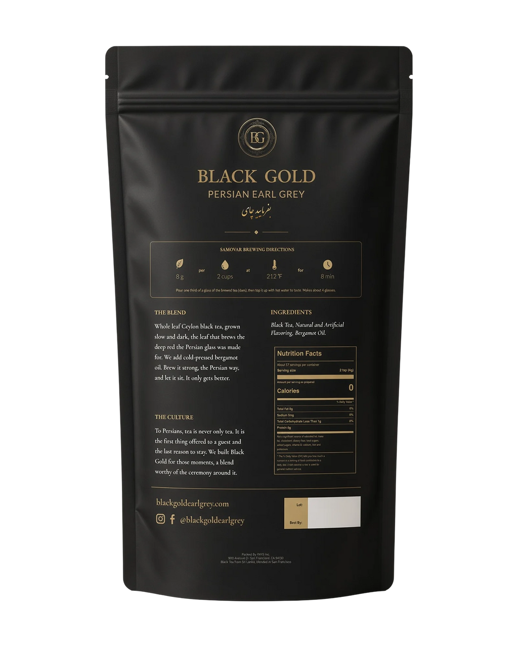 Back of the Black Gold Persian Earl Grey 8 oz bag with brewing directions and ingredients