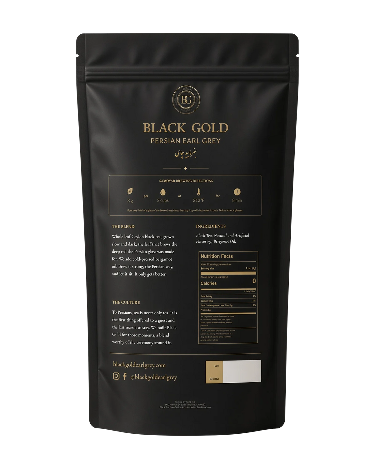 Back of the Black Gold Persian Earl Grey 8 oz bag with brewing directions and ingredients