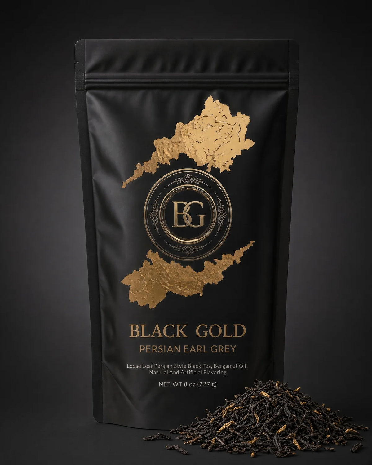Black Gold Persian Earl Grey 8 oz bag with loose leaf Ceylon tea