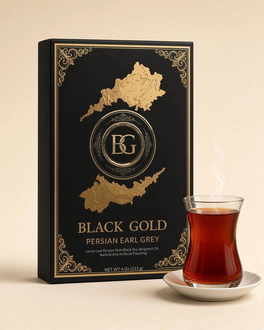 Brewed Persian Earl Grey in a Persian tea glass beside the 4 oz box