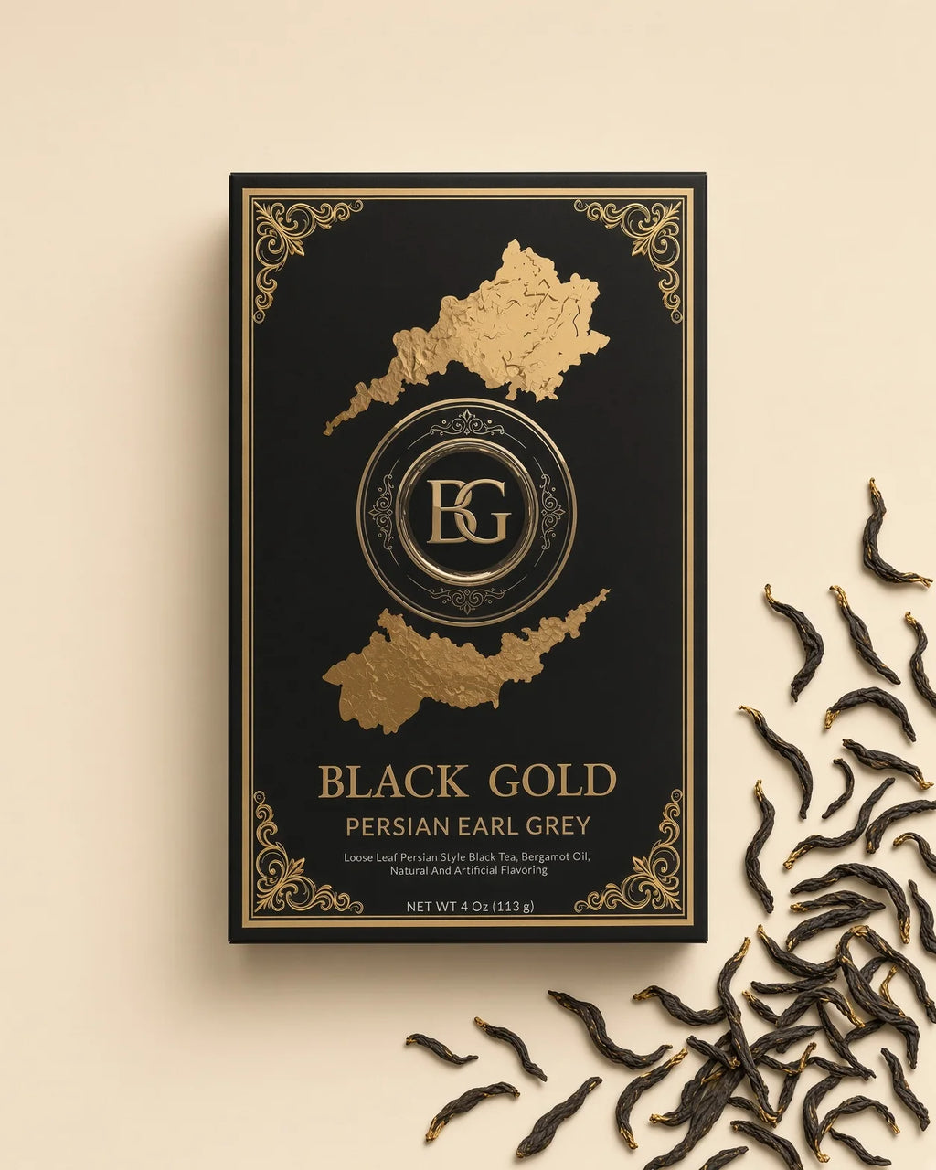 Flat lay of Black Gold Persian Earl Grey with whole leaf Ceylon tea