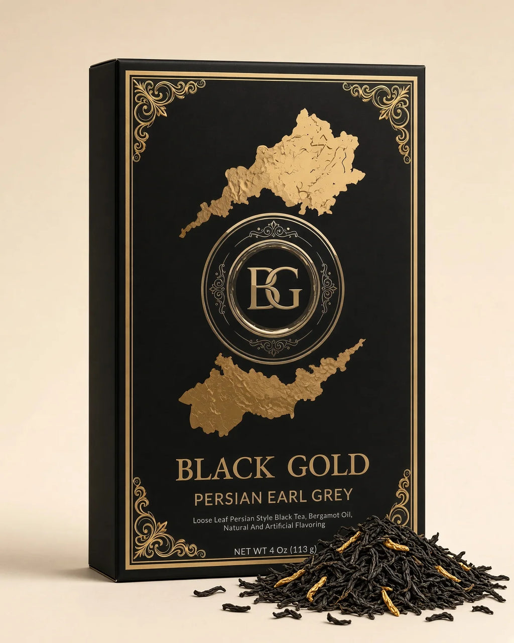 Persian Earl Grey whole leaf Ceylon black tea beside the Black Gold 4 oz box