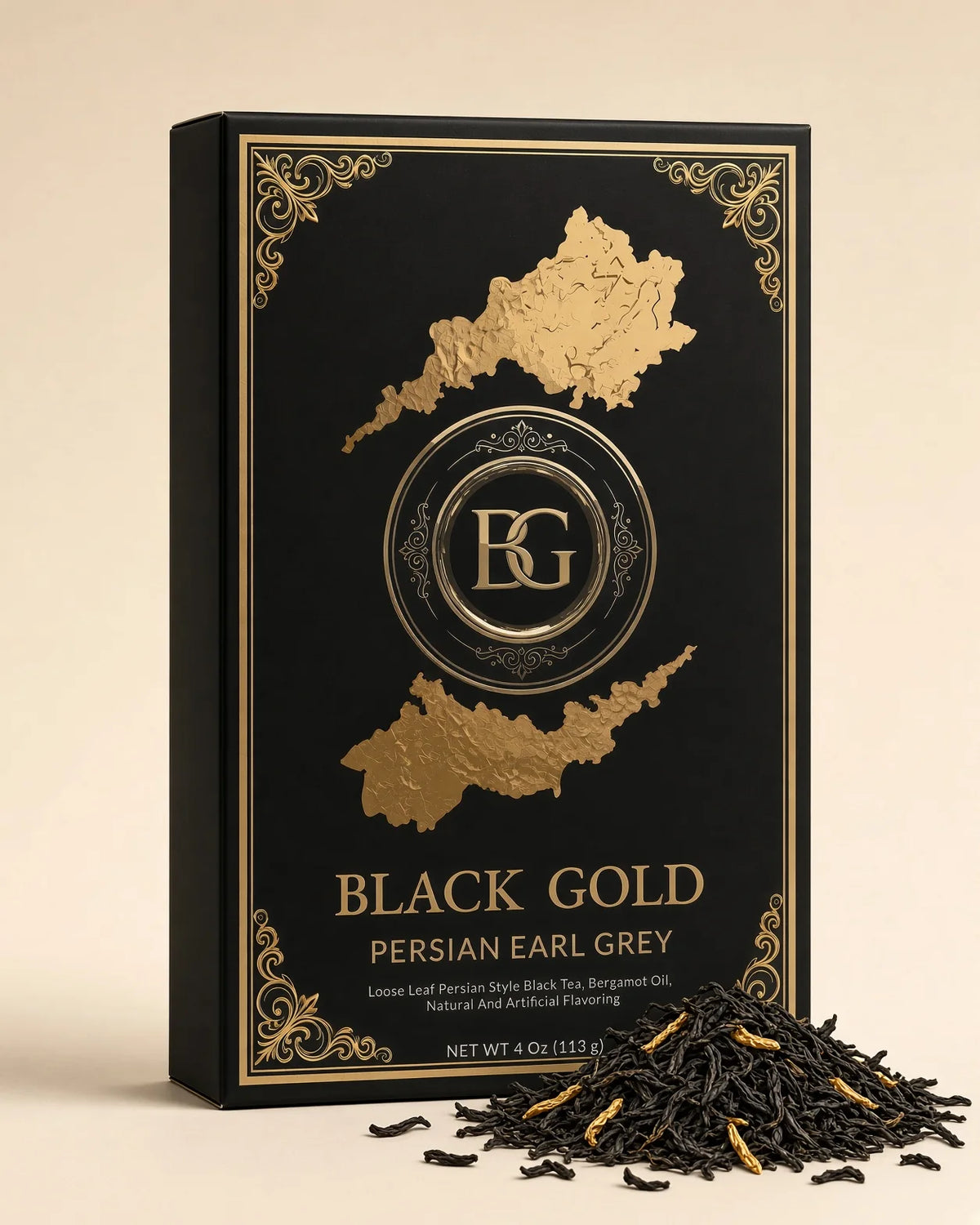 Persian Earl Grey whole leaf Ceylon black tea beside the Black Gold 4 oz box