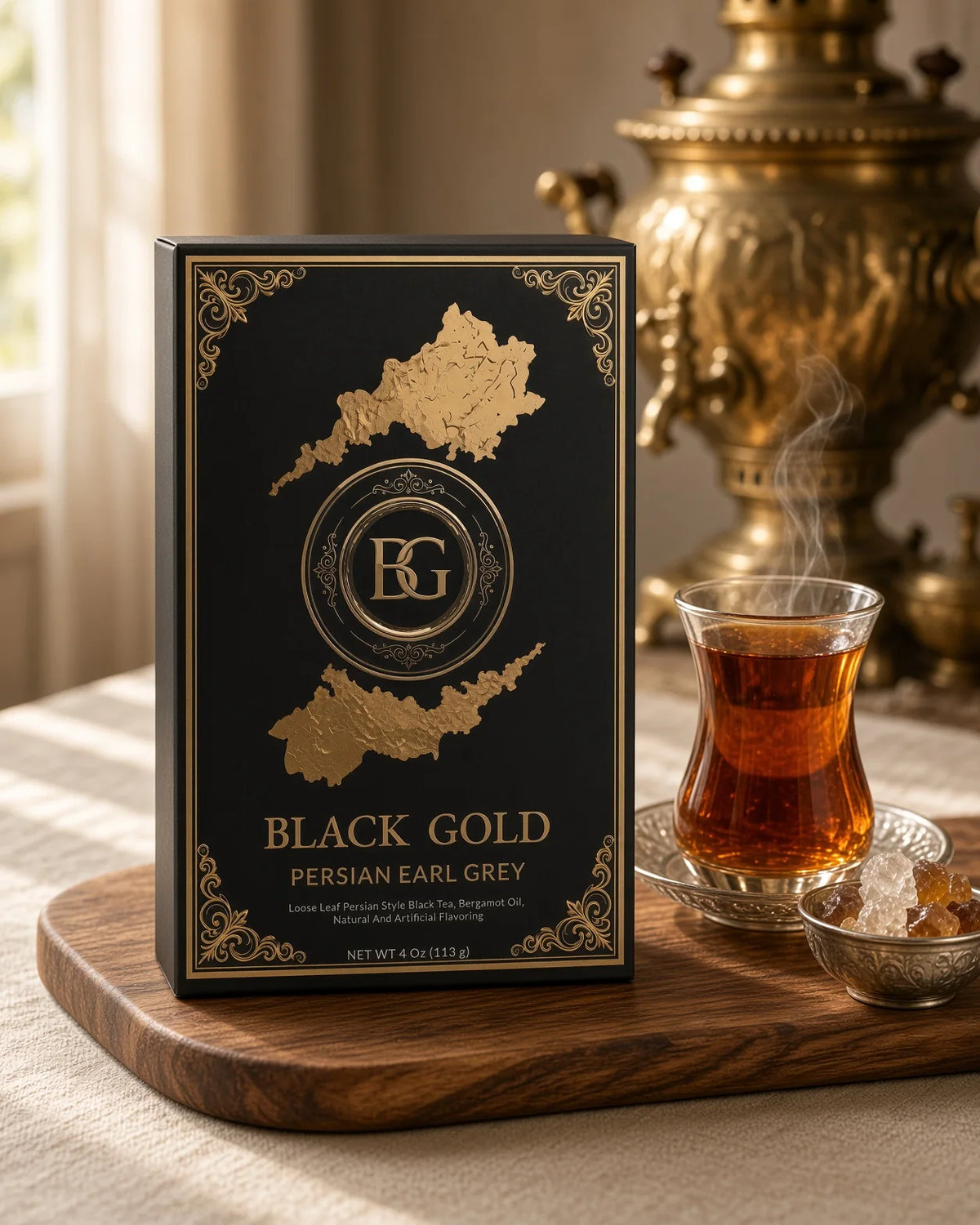 Black Gold Persian Earl Grey served with a brass samovar and a Persian tea glass