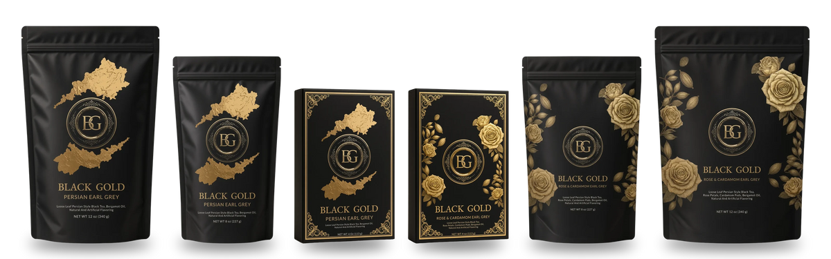 The Black Gold Persian Tea range: Persian Earl Grey and Rose & Cardamom Earl Grey in 12 oz bags, 8 oz bags and 4 oz boxes