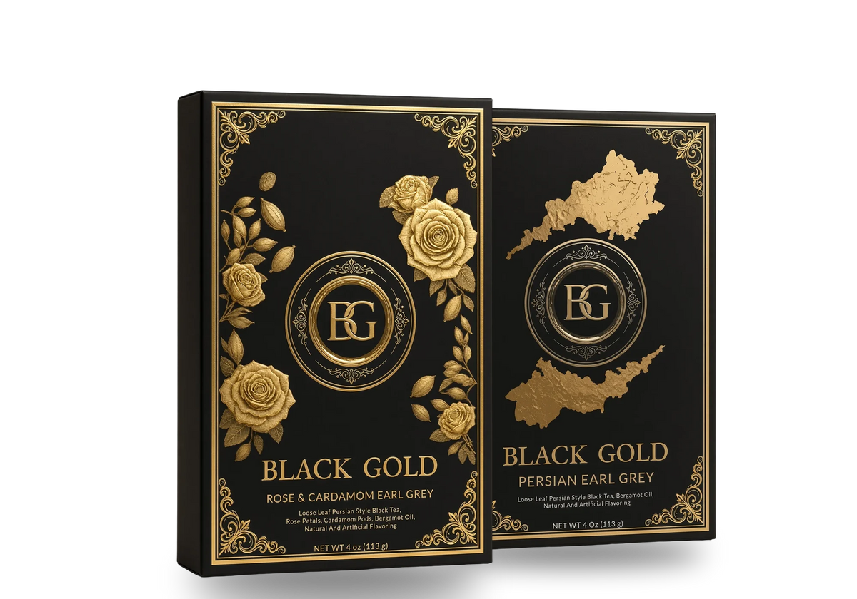 The Black Gold Set: Rose & Cardamom Earl Grey and Persian Earl Grey 4 oz boxes side by side