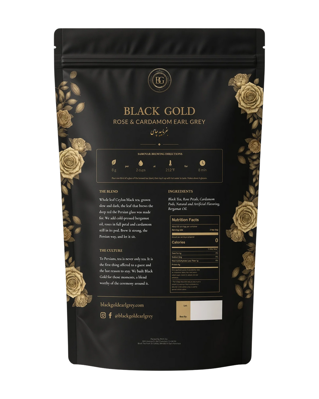 Back of the Black Gold Rose & Cardamom Earl Grey 12 oz bag