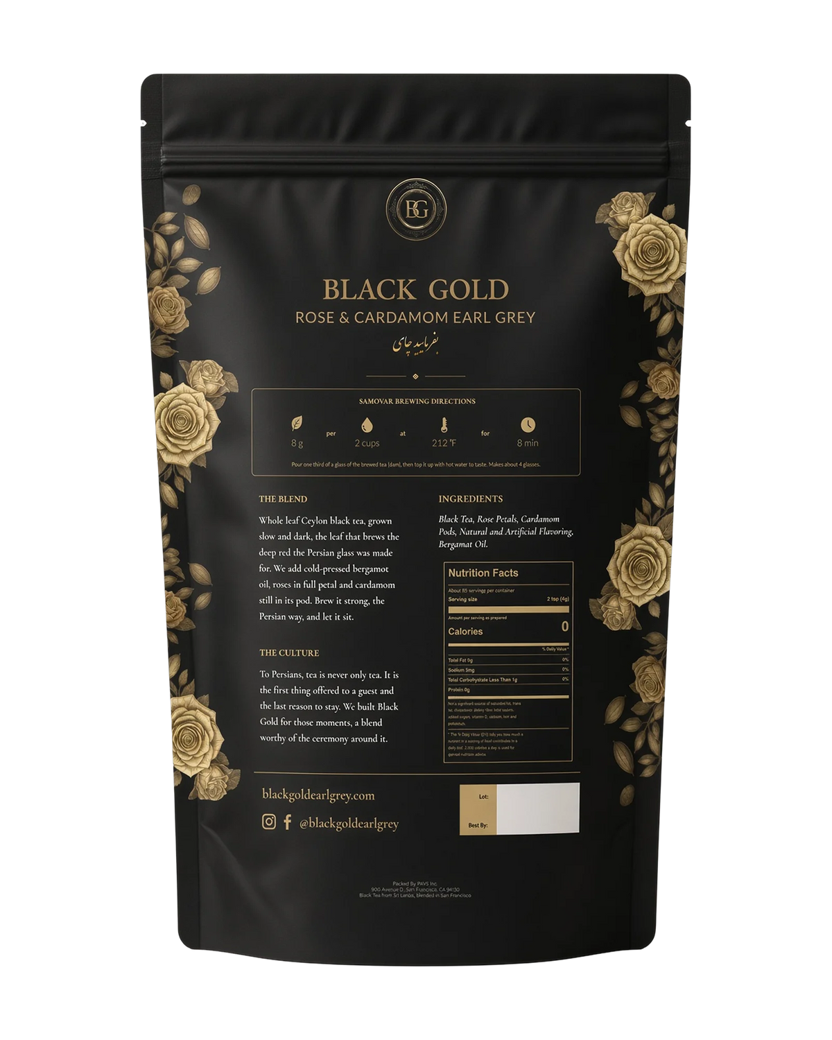 Back of the Black Gold Rose & Cardamom Earl Grey 12 oz bag