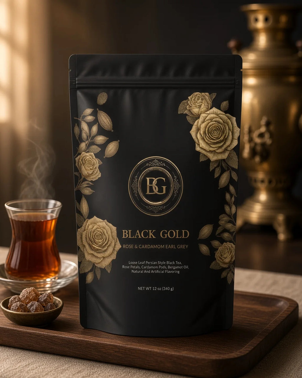 Black Gold Rose & Cardamom Earl Grey 12 oz bag with a samovar and Persian tea glass