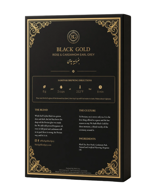 Back of the Black Gold Rose & Cardamom Earl Grey 4 oz box with samovar brewing directions