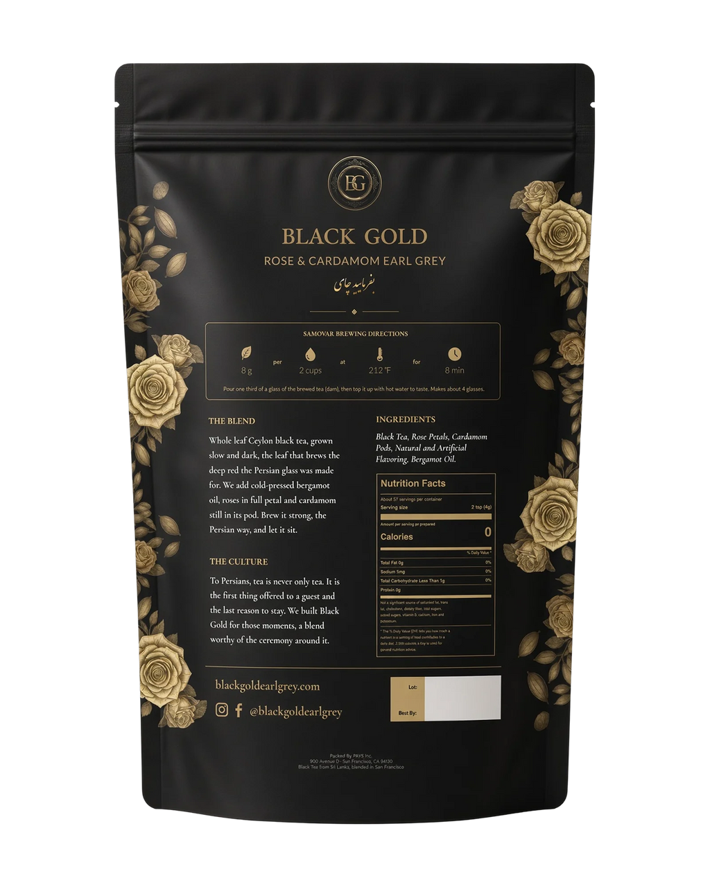 Back of the Black Gold Rose & Cardamom Earl Grey 8 oz bag with brewing directions and ingredients