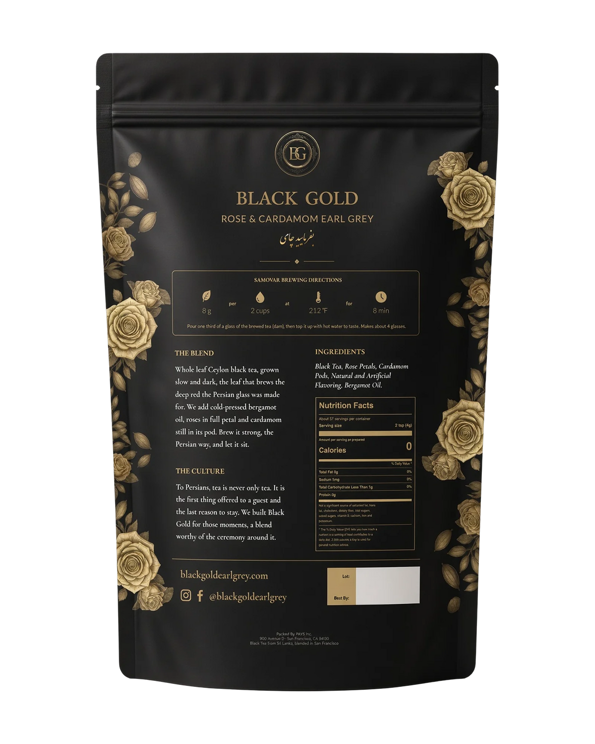Back of the Black Gold Rose & Cardamom Earl Grey 8 oz bag with brewing directions and ingredients