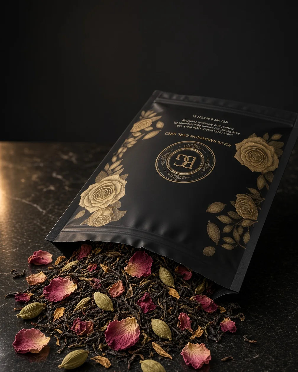 Black Gold Rose & Cardamom Earl Grey 8 oz bag with loose leaf tea and rose petals