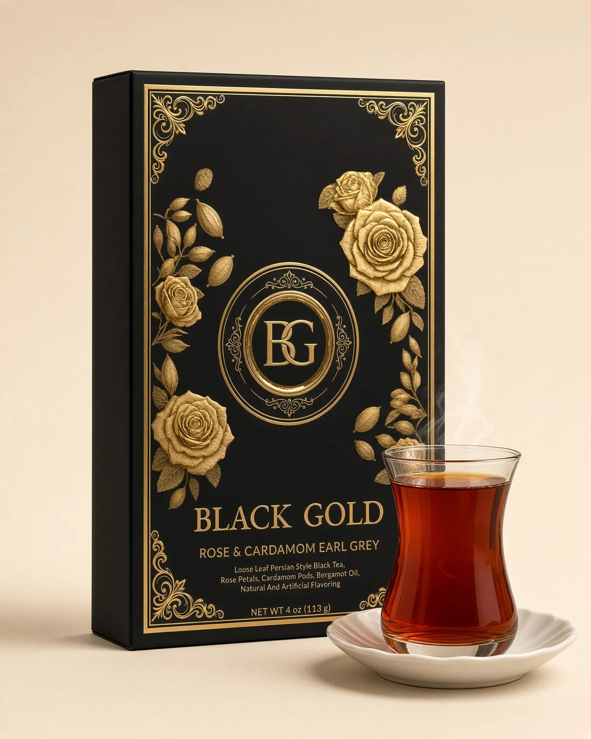 Brewed Rose & Cardamom Earl Grey in a Persian tea glass beside the 4 oz box