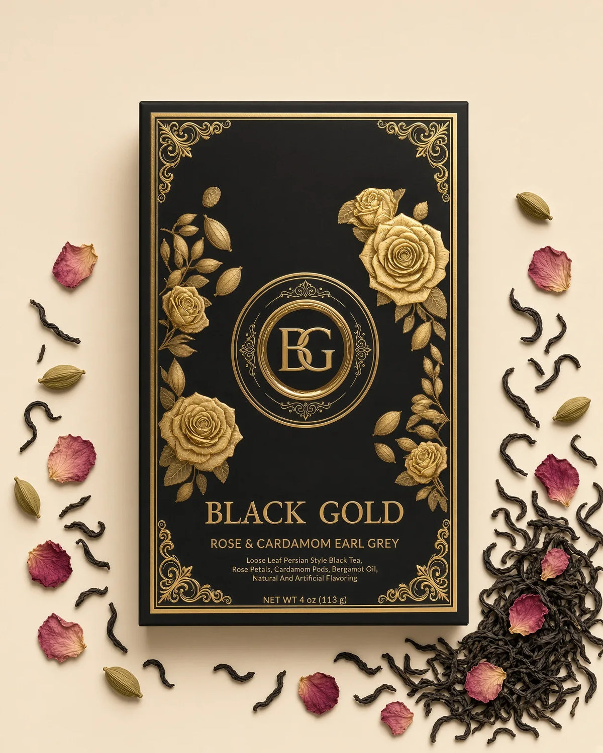 Flat lay of Black Gold Rose & Cardamom Earl Grey with loose leaf tea, rose petals and cardamom