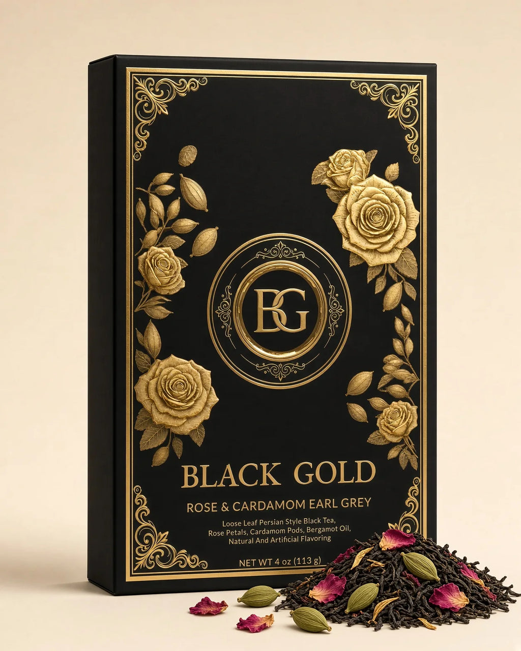 Rose & Cardamom Earl Grey loose leaf tea with rose petals and green cardamom pods