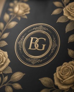 Gold foil medallion and roses on the Rose & Cardamom pack