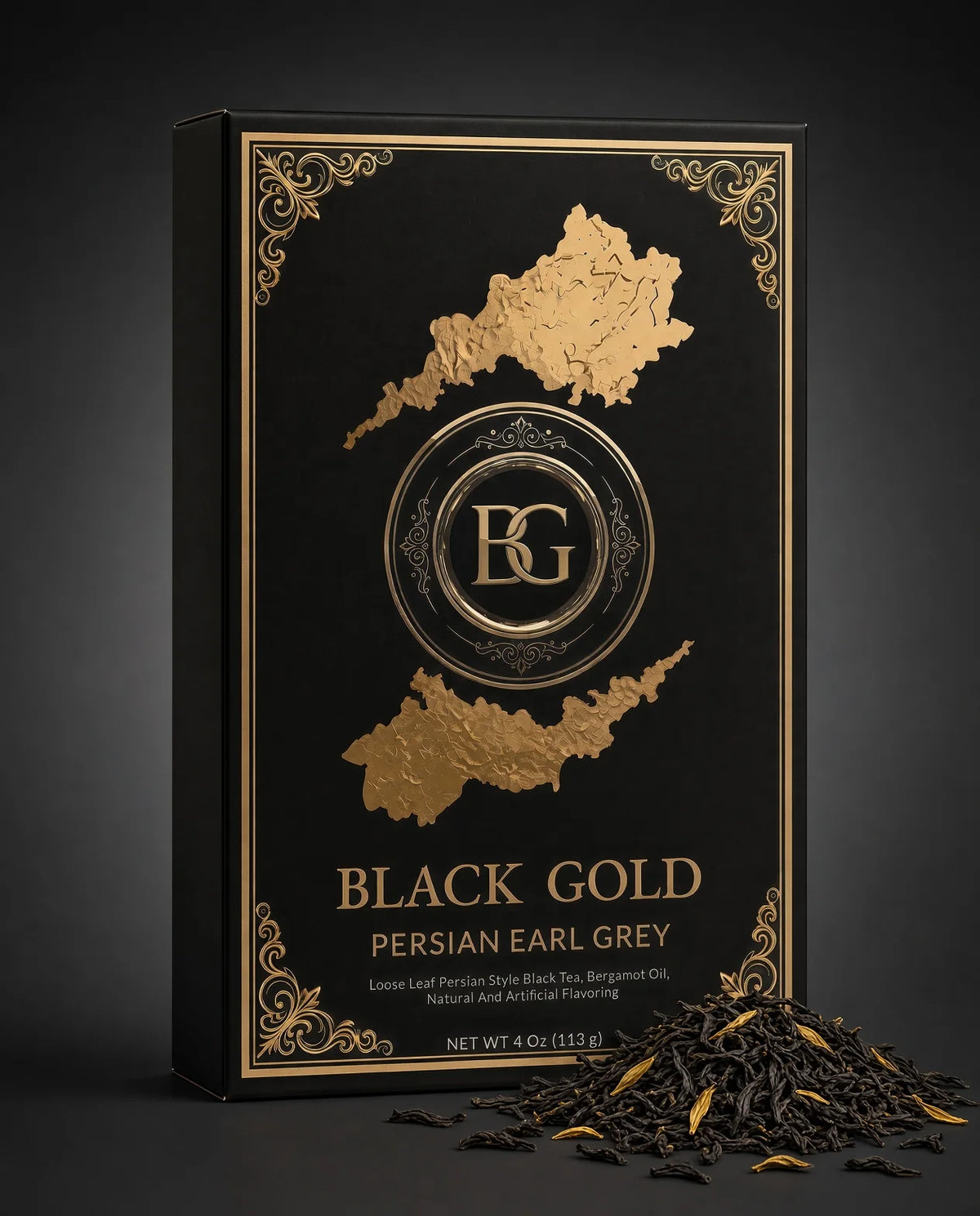 Black Gold Persian Earl Grey box with whole leaf Ceylon tea
