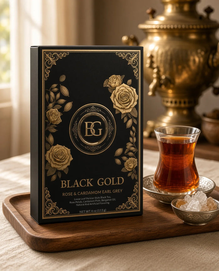 Rose & Cardamom Earl Grey box with a samovar, tea glass and sugar