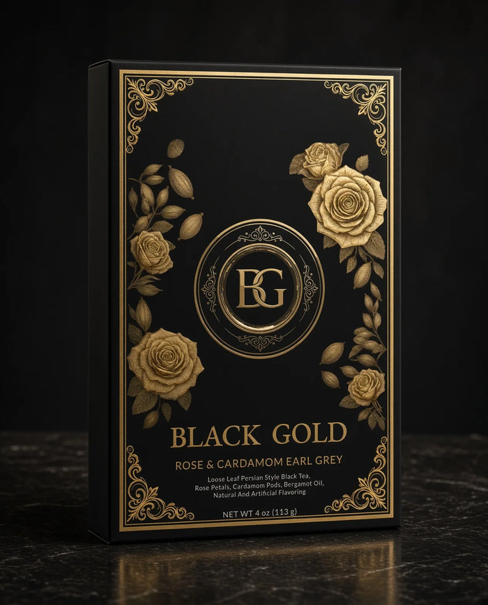 Rose & Cardamom Earl Grey 4 oz box on dark marble