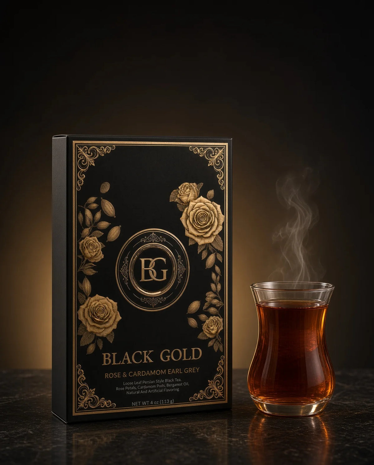 Black Gold Rose & Cardamom Earl Grey box beside a steaming Persian tea glass