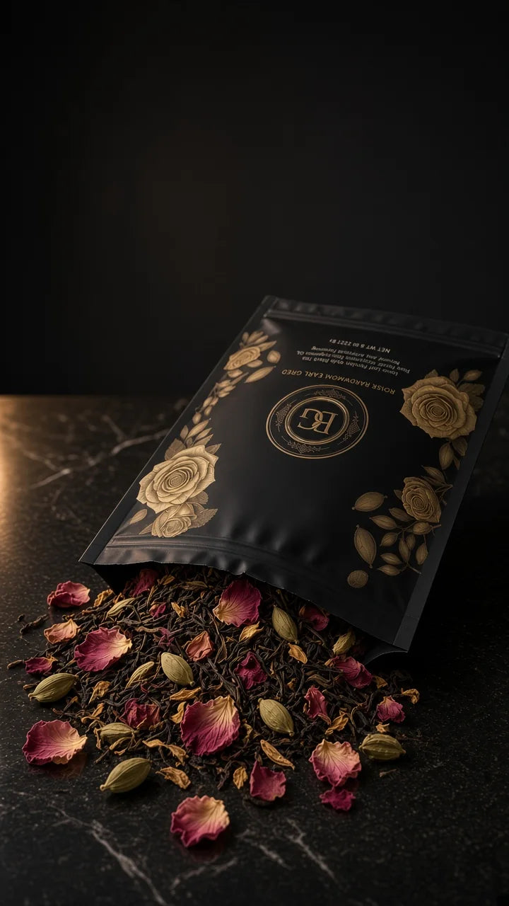 Rose & Cardamom loose leaf tea spilling from the bag